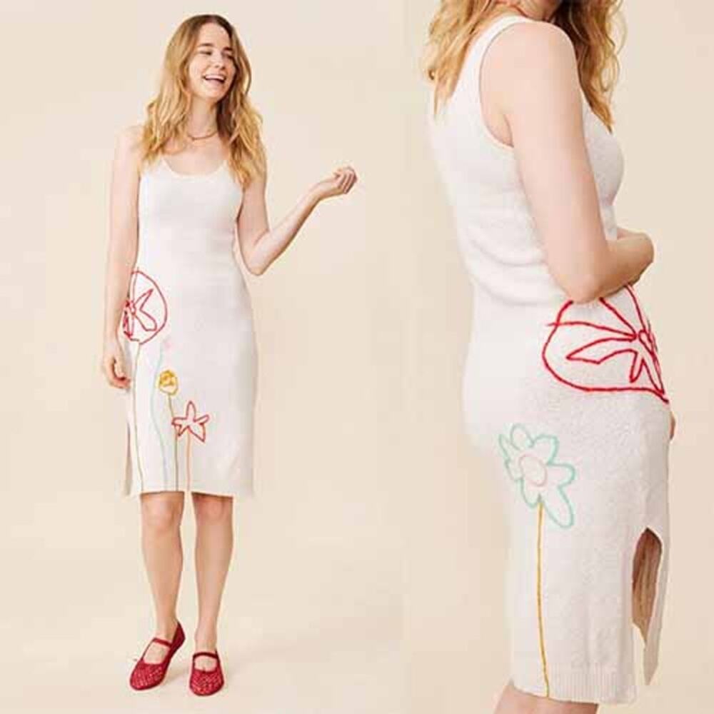 NWT Lingua Franca Jane St. Garden Hand-Embroidered Slim Fit Midi Dress Cream